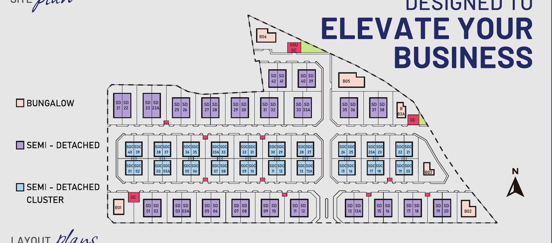 Site plan of Ideal Business Hub showing bungalow, semi-detached and semi-detached cluster lots