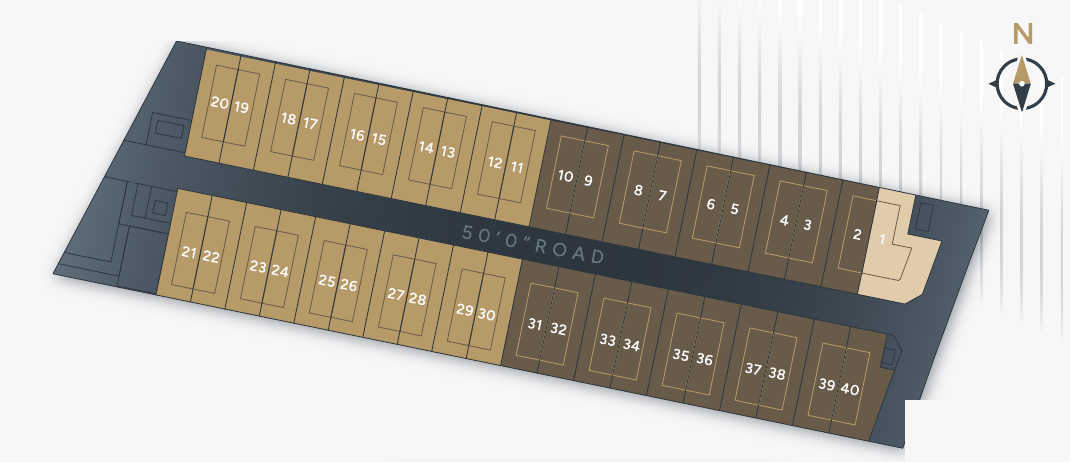 Site plan of Nexus Industrial Hub showing 40 factory units arranged along a 50 ft central road