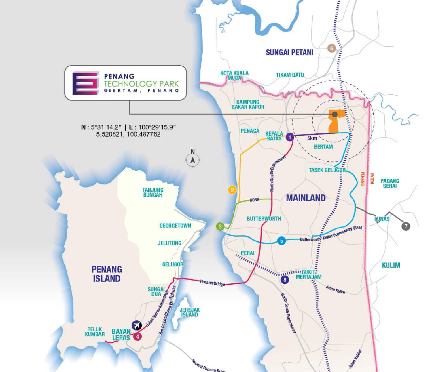 Location map of Penang Technology Park @ Bertam with numbered reference points to the North–South Expressway, Penang Port, Penang International Airport and Kulim Hi-Tech Park