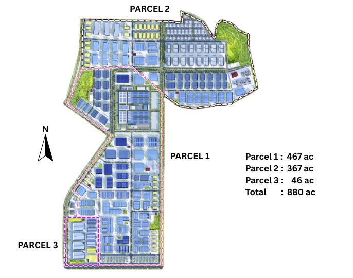 Masterplan layout of Penang Technology Park @ Bertam showing Parcel 1, 2 and 3 totalling 880 acres